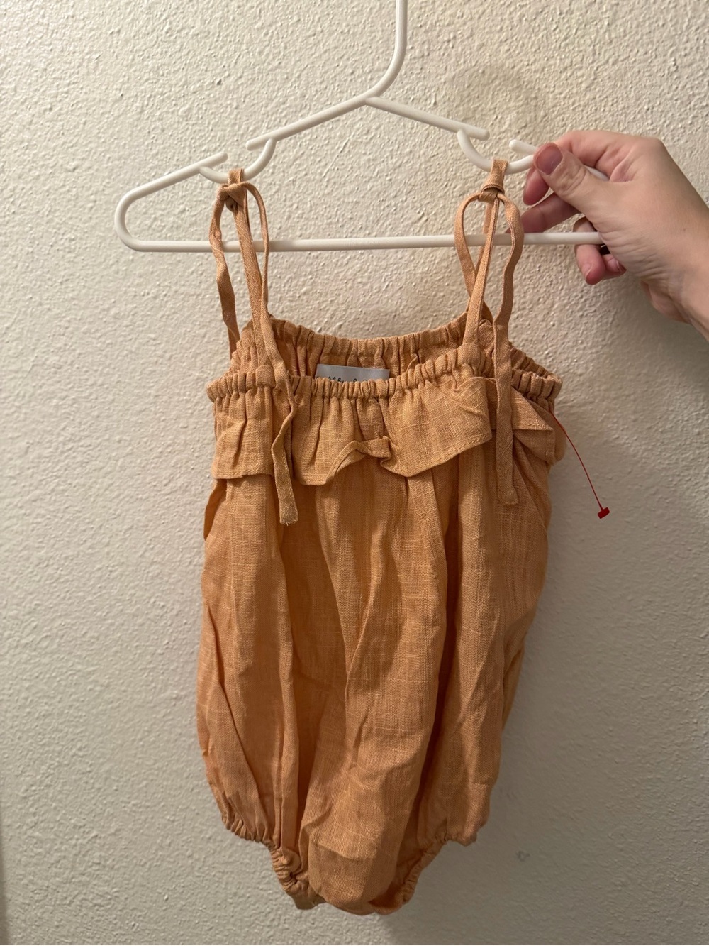 Girls Ruched Linen-Blend One-Piece Romper in Warm Tan